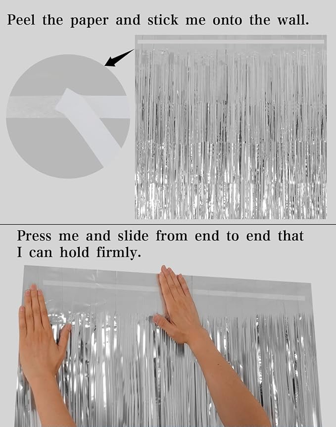 Foil Fringe Curtains Christmas Decorations - Melsan 3 Pack 3.2 x 8.2 ft Tinsel Curtain Party Photo Backdrop for Birthday Party Baby Shower or Graduation Decorations (Pure Silver)