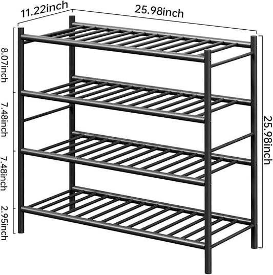 Bamboo Shoe Rack for Closet Small Wooden Shoe Organizer with Pouch, Sturdy Wood Shoe Shelf for Front Door Entrance Entryway and Outdoor, 26 inch Wide (Black, 4-Tier)