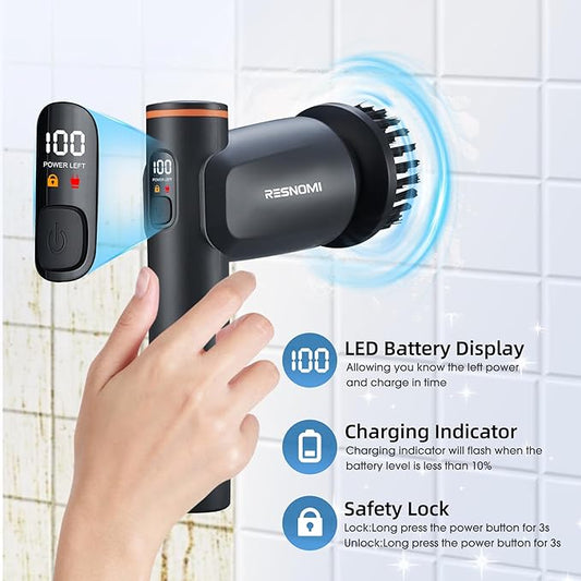 Electric Spin Scrubber, Bathroom Shower Scrubber with LCD Display, 2 Speeds Electric Scrubber for Cleaning with 6 Replaceable Heads, 4-Hour Runtime, Cleaning Brush for Kitchen/Car, Gray-Black