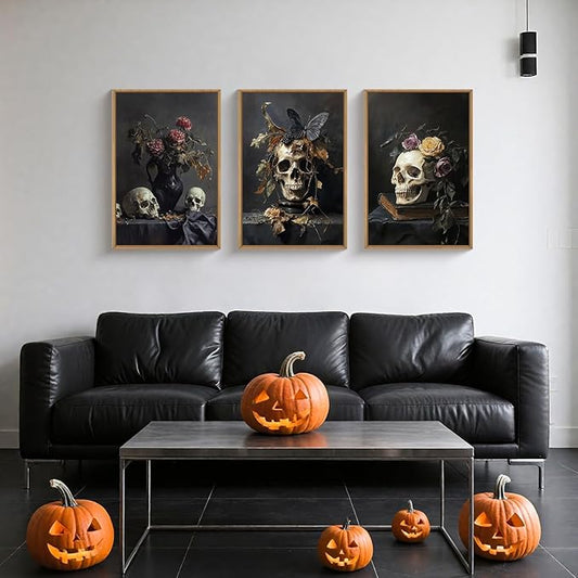 Large Vintage Skull Halloween Floral Framed Canvas Wall Art Set, Abstract Skeleton Butterfly Wall Decor,Moody Dark Rose Artwork for Living Room,Bedroom,Dining Room,Office -24"x36"x3