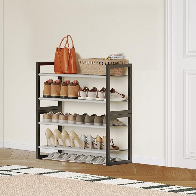 Shoe Rack for Closet & Entryway, Stackable 4-Tier Shoe Organizer, Welded Metal Frame, Semi-Assembled Fast Setup, 11.8" Deep Non-Woven Shelves, Space-Saving Shoe Storage, Black