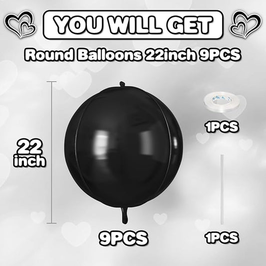 Black Round Foil Balloons 9 pcs,Black Giant 4D Round Balloons 22 Inch for Wedding Graduation Anniversary Baby Shower Birthday Party Decorations