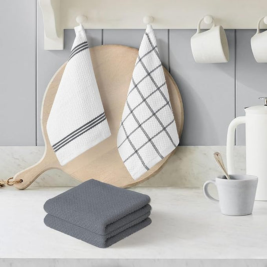 Artoid Mode Ring Spun Cotton Grey Dishcloth Kitchen Towels, 12x12 Inch Ultra Soft Absorbent Quick Drying Household Cleaning Kitchen Rags Set of 6