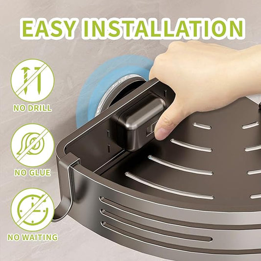 Shower Caddy Suction Cup, No Drilling Rustproof Bathroom Shower Shelf,Hanging Corner Shower Shelves with 6 Portable Hooks, Removable Bath Organizer with Towel Bar for Bathroom Storage(Gray)