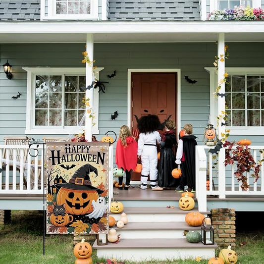 Fokongna Happy Halloween Garden Flag, Cute Pumpkin Ghost Black Cat Garden Flag,Trick or Treat 12x18 Inch Burlap Vertical Double Sided Flags, for Home Yard Outside Decorations