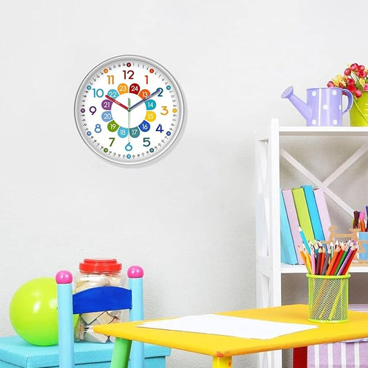 XFM Kids Wall Clock for Bedroom 14 Inch Round Colorful Learning Clock Children's Silent Non-Ticking Educational Analog Clock for Boys and Girls Classroom Home Decor