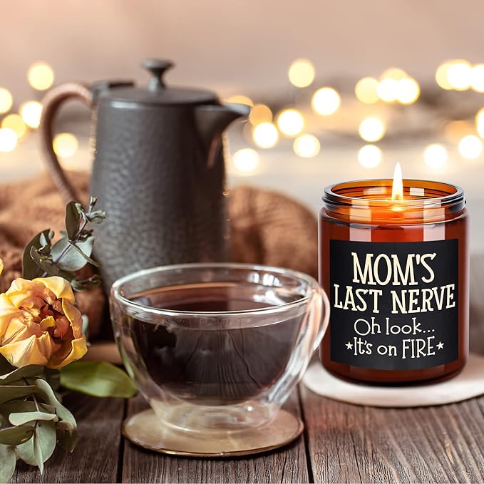 Mom's Last Nerve Candles - Fun Birthday, Mothers Day Gifts from Daughter, Son - Best Funny Stress Relief, Relaxing Gifts for Women, Wife, New Mom - Jasmine Scented Soy Wax Jar Candle for Home