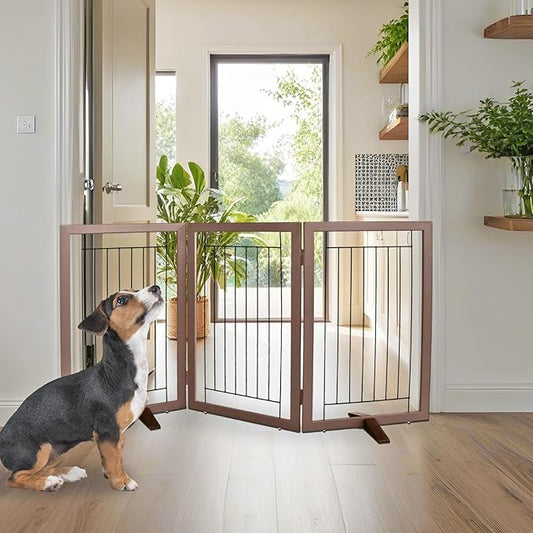 ZJSF Freestanding Dog Gate Indoor, Foldable Dog Fence for Doorways,Hallways or Stairs, Sturdy Wood Extra Wide Pet Gate with Support Feet,Brown,32 "Height-3 Panels