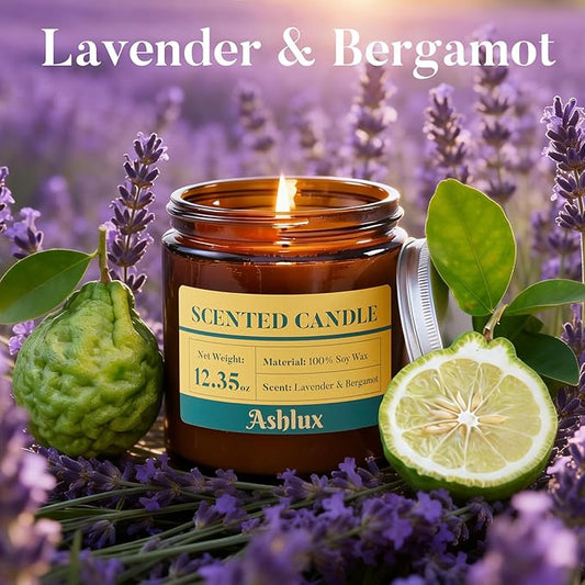 Lavender and Bergamot Candle,12.35oz Scented Candles with 8% Essential Oils,70 Hour Burn Time Soy Wax Candles for Home Decor,Reading,Jar Candle Gifts for Women and Men
