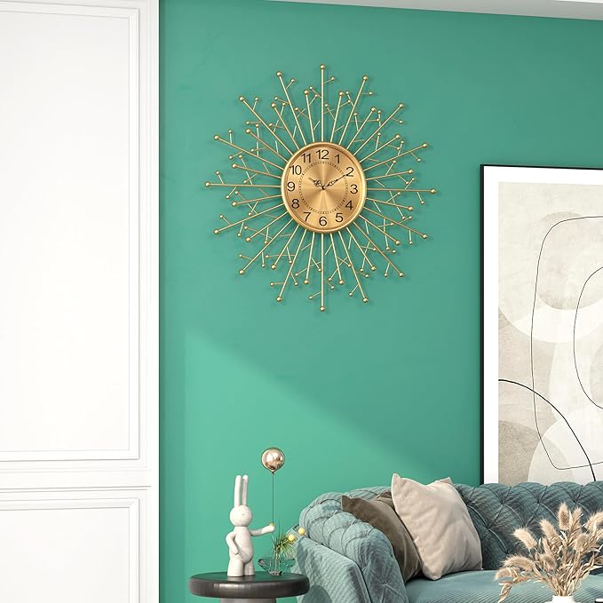 Large Modern Gold Wall Clock Decorative Mid Century Sunburst Branch Wall Clocks, Minimalism Metal Silent Clock, Luxury Home Gift Decor for Living Room, Bedroom, Dining Room, 24 inch