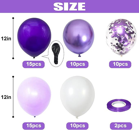Balloon Purple and White, 60 Packs 12 Inch Dark Purple Light Purple Metallic Chrome Purple Confetti Balloons Set for Girls Women Wedding Birthday Baby Shower Bridal Shower Bachelorette Decorations