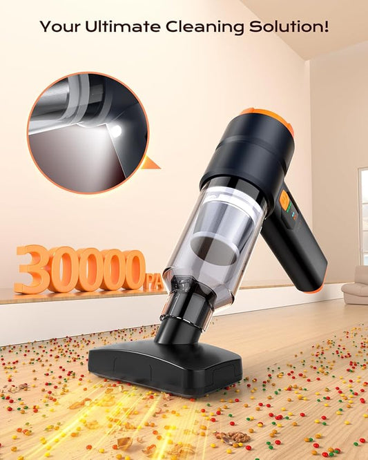 Car Vacuum Portable Cordless, Handheld Vacuum Cordless with 30000PA Suction, 130000RPM, 6800mAh Battery, 10 Nozzles, Rubber Paint Material for Car, Home, Pet Cleaning(Black Orange)
