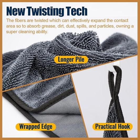 Airlab Microfiber Towels for Cars Wash Drying Super Absorbent Cleaning Cloth Auto Detailing Ultra Soft, Lint-Free, Streak-Free, 24 x 16 Inch, Pack of 2, Grey-Black, 600 GSM