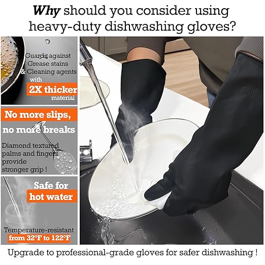 Heavy-Duty Thick Rubber Cleaning Gloves - 3 Pairs of Extra-Large Black Reusable Waterproof Non-Slip Gloves for Dishwashing and Kitchen Cleaning