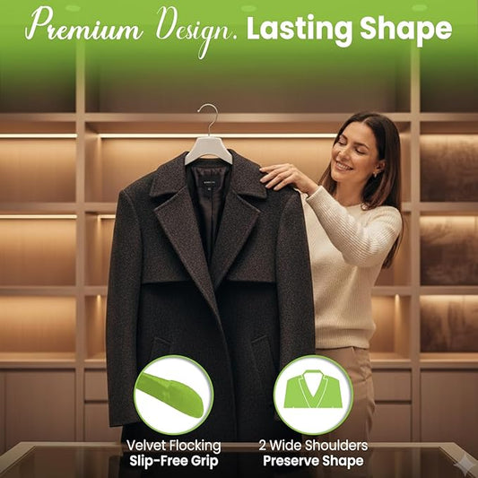 Premium Luxe Wood Coat Hangers, Wide Shoulder Wooden Jacket Hangers with Velvet Grip, Heavy Duty Luxury Hangers for Coats & Blazers, White with White Velvet, 30 Pack