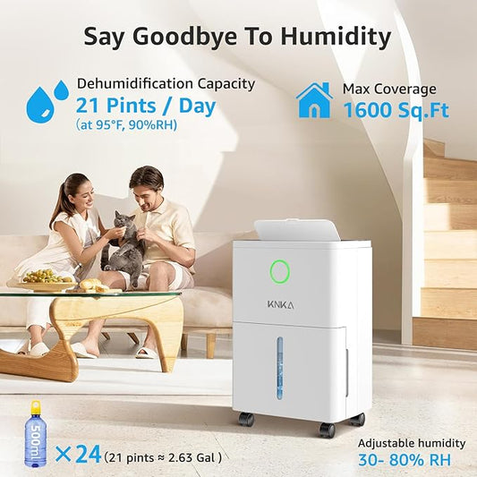 KNKA 1600 sq.ft Dehumidifier for Basement, 21 Pint Dehumidifiers for Home with Drain Hose, Continuous Drainage, Washable Filter, Intelligent Humidistat for Bedroom, Bathroom, Large Room