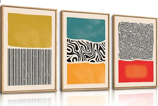 HLNIUC Large Mid Century Modern Wall Art Framed 24x36, Boho Abstract 3 Piece Canvas Decor, Mcm Vintage Bohemian Color Block Painting, Geometric Line Art Print for Living Room, Bedroom, Office