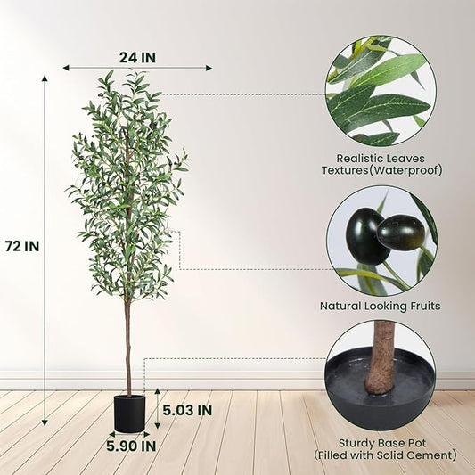 Artificial Olive Tree, 6FT Tall Faux Olive Trees 72in Outdoor Fake Potted Silk Plant with Trunk and Realistic 648 Leaves and 24 Fruits for Modern Office Home Decor Indoor(1pack)