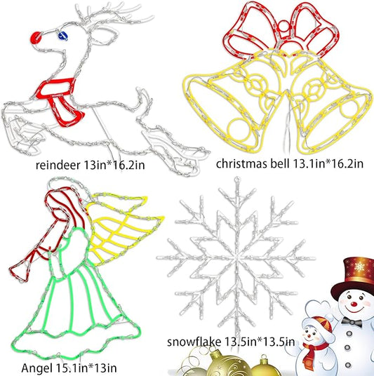 Christmas Decorations - 16" Christmas Window Silhouette Lights - 4 Pack Colour Lighted Snowflake & Angel & Reindeer & Bell for Holiday Indoor and Outdoor Wall Door Window Decorate