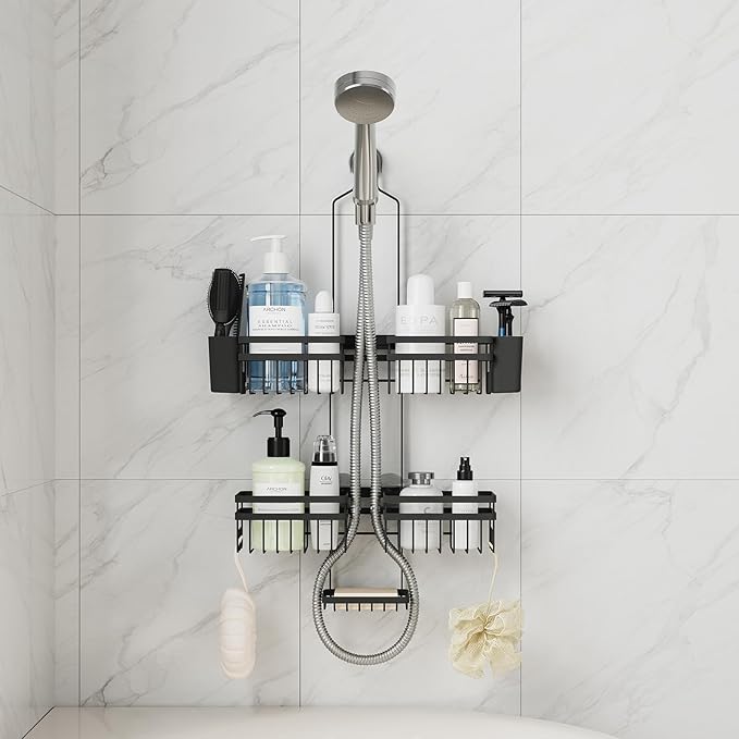 Shower Caddy Hanging for Bathroom Organizers and Storage - 3-Tier Adjustable Anti-Swing Shower Organizer for Handheld Showerhead with Heavy-Duty Suction Cups, Damage-Free Rustproof (Black)