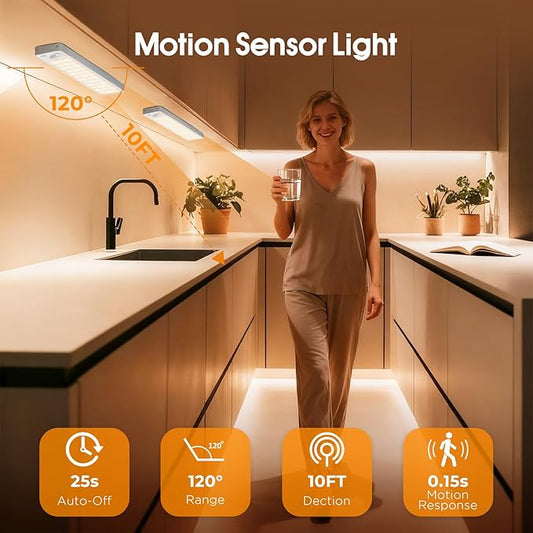 Under Cabinet Rechargeable Dimmable Lighting: 3 Color Temperature Motion Sensor Lights Indoor - Battery Operated Lights - Activated Closet Magnetic Wireless Led Light for Kitchen Home Bathroom Counter