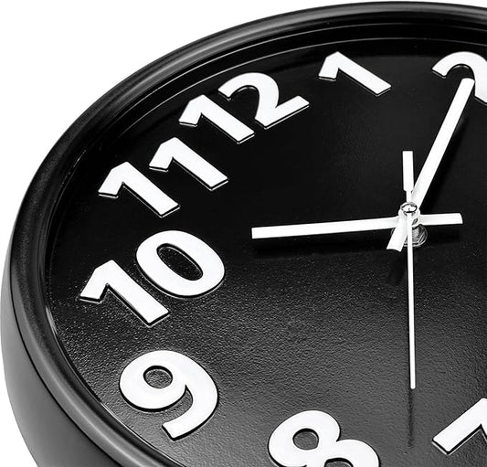 Plumeet 12'' Wall Clock, Battery Operated Wall Clocks Silent Non-Ticking Quartz, Modern Style Suitable for Bedroom Living Room Office Decor - 3D Numbers Display Easy to Read, Black