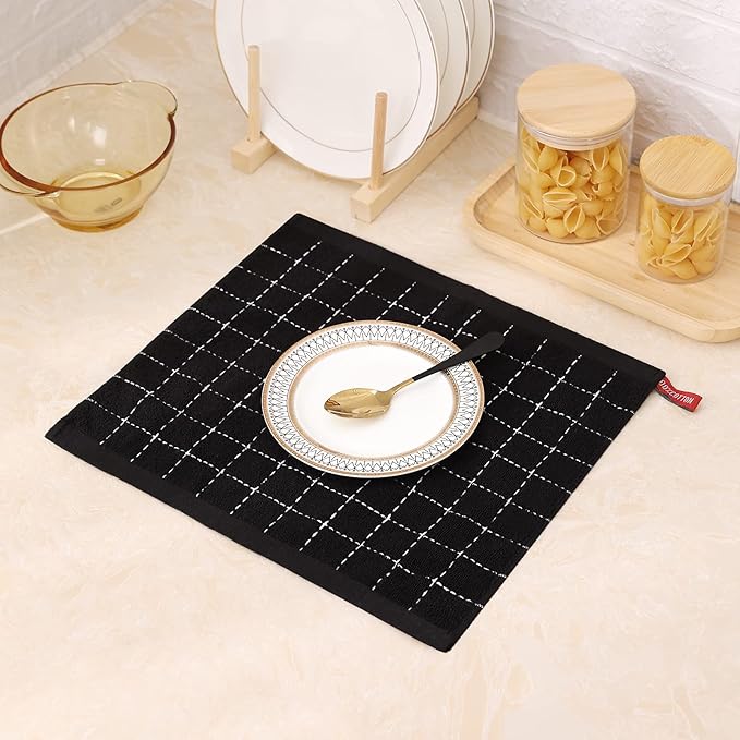 Mordimy 100% Cotton Terry Cloth Dish Cloths, Soft and Absorbent Checkered Dish Towels, Quick Drying Dish Rags for Washing Dishes, 12 Pack, 12 x 12 Inches, Black