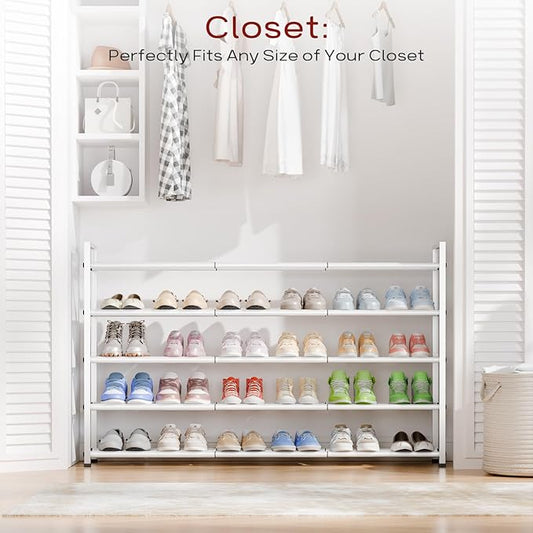 Bumusty 5-Tier Long Expandable Shoe Rack for Closet, 18"-44" Adjustable Shoe Rack for Entryway, 25-30 Pairs Large Shoe Organizer Shelf Storage, Sturdy Metal, White