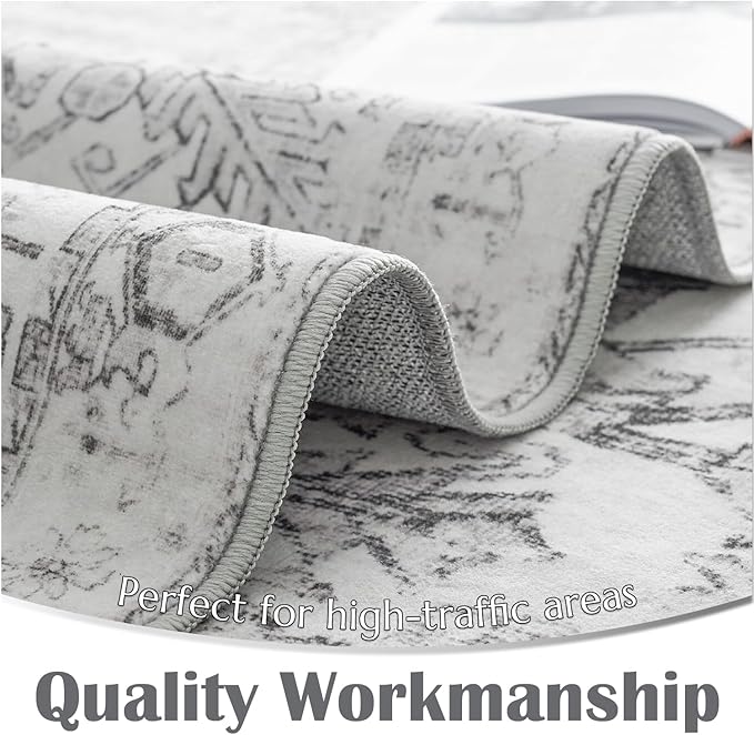jinchan Hallway Runner Rug 2x10 Washable - Vintage Floral Non Slip Low-Pile Soft Ultra-Thin Faux Wool Kitchen Rug Distressed Carpet Runner for Farmhouse Bedroom Laundry (2x10ft,Grey)