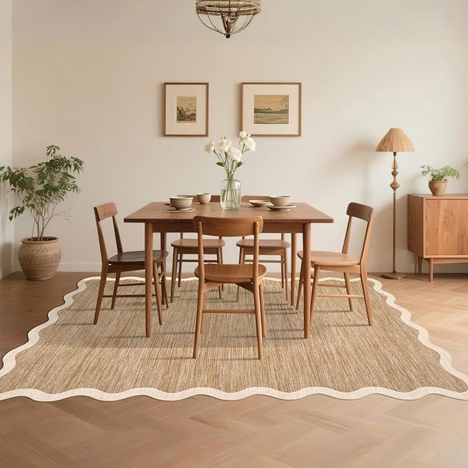 GarveeHome Scalloped Washable Rugs 10x13 Rug for Living Room Modern Bedroom Rug Brown Large Area Rug Non Slip Throw Rugs Soft Low Pile Stain Resistant Carpet for Dorm Dining Room 10'x13' Light Brown