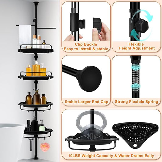 Rustproof Shower Caddy Tension Pole Corner Shower Caddy Organizer 4 Tier Adjustable Shelves with Tension Pole and Large Capacity for Bathtub Shampoo Accessories Storage Rack 38.8-122.7inch