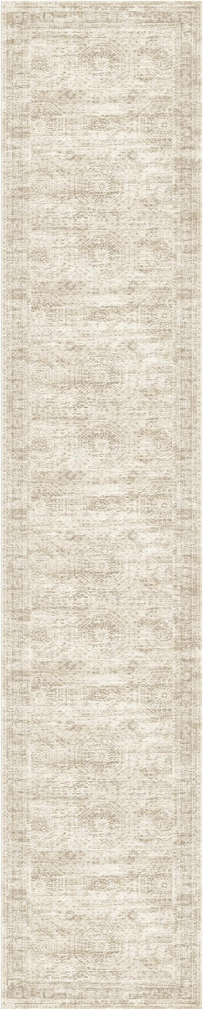 Washable Runner Rug 2.5x12, Non-Slip Long Bathroom Rugs Runner for Kitchen, Living Room, Bedroom, Soft Vintage Washable Rug for Entryway, Thin Floor Mat for Dining Room(2.5'x12', Beige/Ivory)
