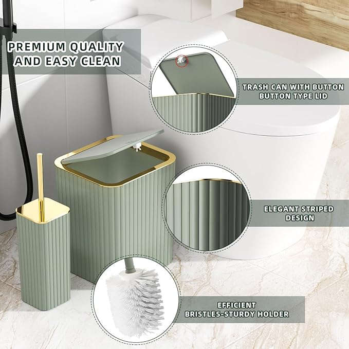 Bathroom Accessories Set - Gorgeous Bathroom Set, 10PC Sage Green Bathroom Accessory Set, Toilet Brush, Trash Can & Soap Dispenser