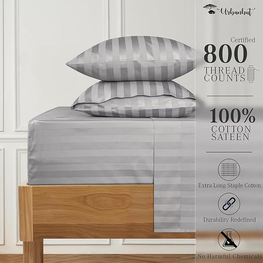 URBANHUT 800 Thread Count Egyptian Cotton Full Size Damask Striped Sheets Set (4 Pc) - Ultra Soft & Smooth, Thick & Crisp Sateen Weave Full Bedsheets, Fits Upto 16" Mattress - Silver Grey