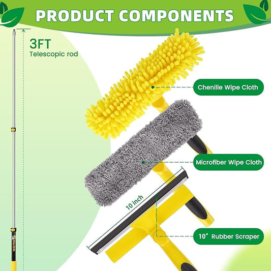 Professional Window Squeegee with Telescoping Extension Pole, 2 in 1 Shower Cleaning with Telescopic Pole, 36'' Extension Washing Tools with Rotating Head for Indoor/Outdoor High Window Glass