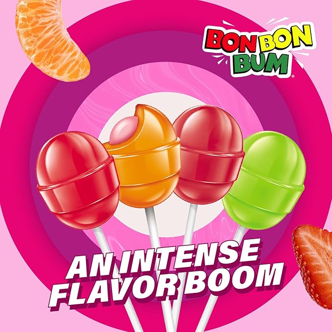 Colombina Bon Bon Bum Lollipops w/Bubble Gum Center, Assorted Flavors, Individually Wrapped, Ideal for Party Favors and Gifts, 1 Pack (24 Count)