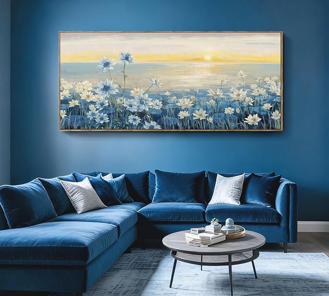 amatop Giant Framed Wall Art for Living Room Extra large Modern Coastal Beachy Canvas Wall Art Big Floral Sunrise Blue Wall Picture Oversized Lake Nature Sunset Artwork Office Bedroom Decor 71“x31”