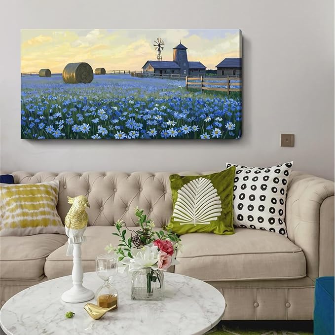 ARTZON Large Wall Art Farmhouse Sunset Flower Art work Rustic Farm Daisy Wildflower Barn Canvas Print Landscape Blue Yellow Picture Nature Floral Artwork for Living Room Bedroom Office Decor 48"x24"