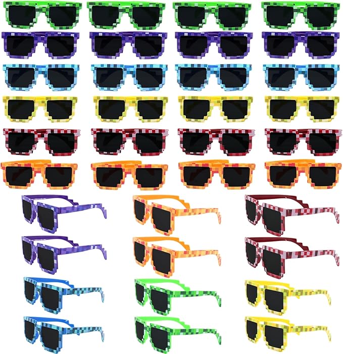 36 Pack Pixel Sunglasses Bulk, 6 Colors Pixelated Mosaic Gamer Glasses Party Favors, Gamer Robot Pixelated Sunglasses for Kids Adults Boys Girls Birthday Photo Props Party Supplies