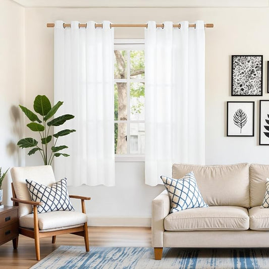 YoungsTex White Linen Curtains 63 inch Length for Short Windows, Light Filtering Textured Semi Sheer Drapes with Bronze Grommet for Bedroom Living Room Privacy, 2 Panels, 52 X 63 Inch