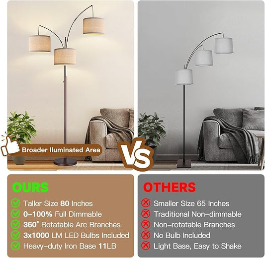 Dimmable Floor Lamp, 3 Lights Brown Arc Floor Lamps for Living Room, Modern Tall Standing Tree Lamp with Beige Linen Shade & Heavy Base, Large Floor Lamp for Bedroom Office, 3x1000 LM Bulbs Included