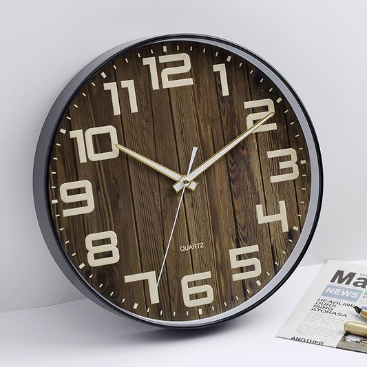 NUOVO 14Inch Wall Clock Dark Brown Number Quartz Large Decorative Silent Wall Clock Countryside Decorative Quiet Clock for Kitchen Home Office