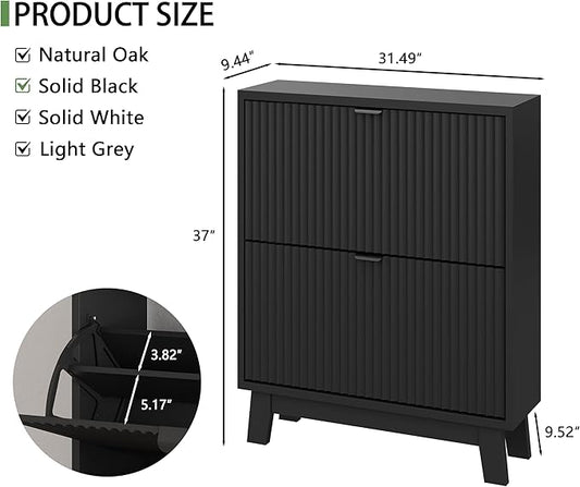 Shoe Cabinet with 2 Flip Drawers, 37" Tall Narrow Fluted Shoe Storage Organizer for Entryway, Hidden Slim Wooden Shoe Rack Cabinet for Front Door Entrance, Hallway, Living Room, Solid Black