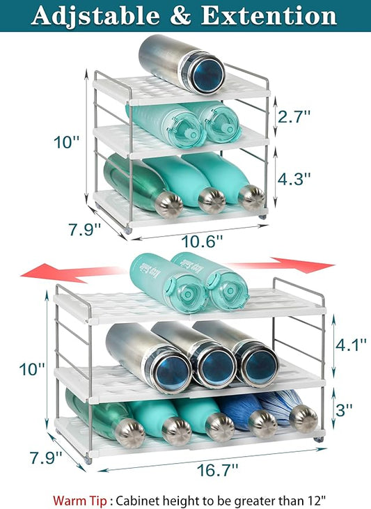 Water Bottle Organizer For Cabinet, Expandable Water Bottle Holder Rack, Adjustable Tumbler Storage For Kitchen Organization, 3 Tier Cup Organizer For Sports Flask Insulated Travel Mug Fridge, White
