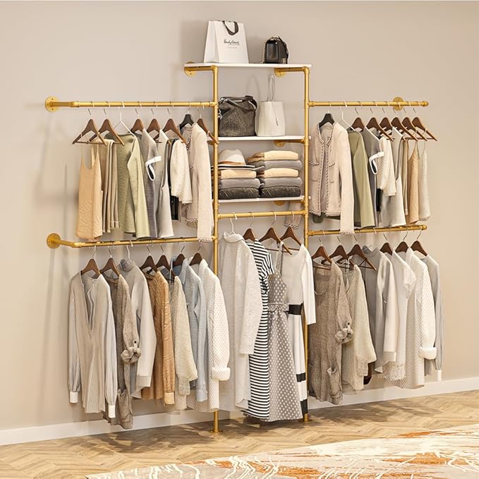 Heavy Duty Gold Pipe Clothing Rack - Wall Mounted Industrial Clothes Rack, DIY Corner Closet System with Shelves, Adjustable Walk-in Closet Organizer (GOLD, 94.5")