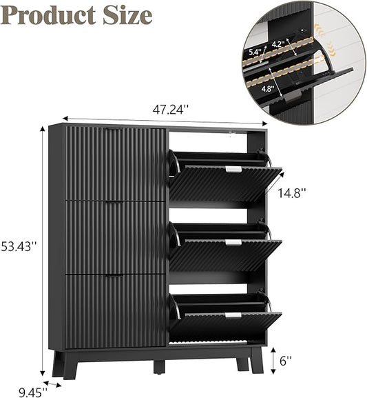 Shoe Cabinet Storage for Entryway with 6 Flip Drawers, Fluted Narrow Shoe Organizer with Wooden Legs, Freestanding Slim Shoe Storage Hidden Shoe Rack Organizer for Front Door Entrance, Black
