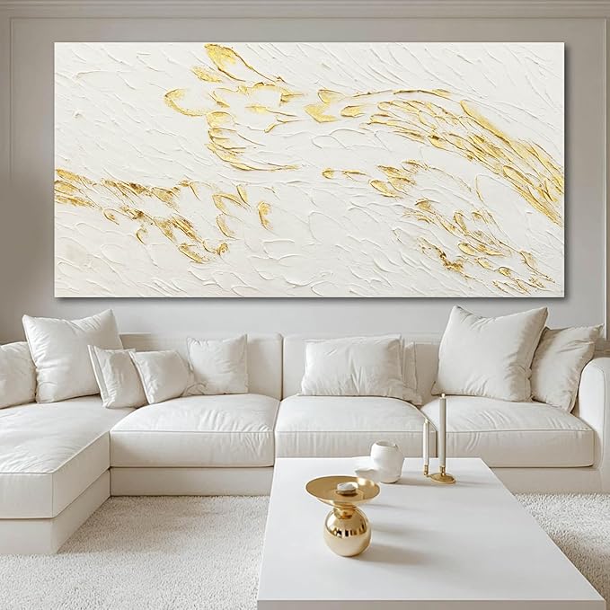 SOUGUAN Textured Walls Art White and Gold Wall Decorations Contemporary Artwork for Walls 29"x58" Canvas Paintings for Living Room Dining Room