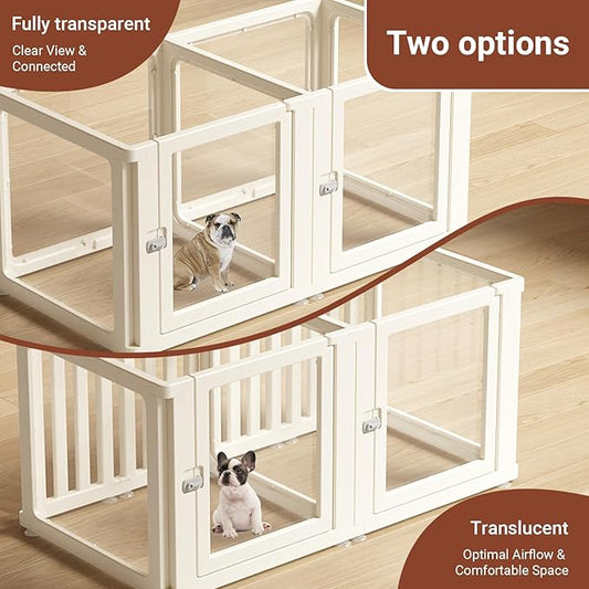 Transparent 7-Panel Dog Playpen, Acrylic Indoor/Outdoor Puppy Pen for Small & Medium Dogs, 30 Inch with Door, White(Fully Transparent 50 * 26 Two Rooms,30 inch)