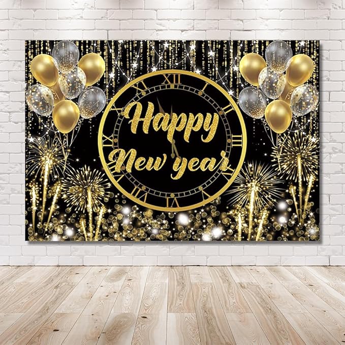 MEHOFOND Happy New Year Backdrop Hello 2026NYE Cheers Party Decorations Gold Black Photography Background Kiss Me at Midnight New Year's Eve Festival Party Supplies Photobooth Banner 8x6ft