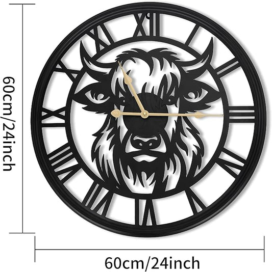 24Inch Large Wall Clocks Battery Operated,Farmhouse Black Metal Non-Ticking Wall Clock,Wall Clocks for Living Room Decor,Bedroom,Kitchen(Highland Bull Wall Clock, 24 Inch)